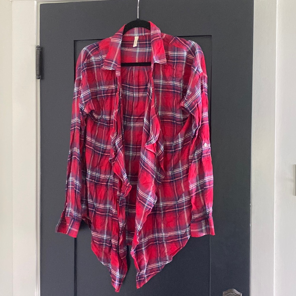 Women’s Elan Open Front Red Plaid Shacket Shirt Sz M